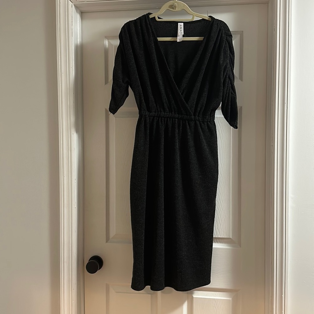 Dark grey v-neck sweater dress with cinched waist. Size M